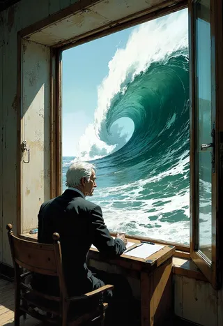 Man in dark suit with white hair sitting at wooden desk inside dimly lit room, looking out through large window at a monumental, cresting stormy ocean wave.