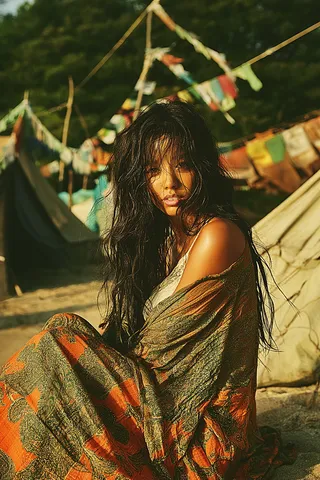 Young woman at a serene hippie lakeside retreat during sunrise, wrapped in a patterned shawl with long flowing hair, colorful canvas tents and prayer flags fluttering in the background.