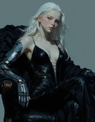 Highly detailed portrait of an albino cyborg girl with long white hair, wearing a shiny black leather dress and robotic mechanical arms, seated in a black leather chair under Rembrandt lighting.