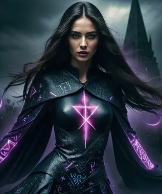 Photorealistic image of a dark summoner woman with long hair wearing black robes adorned with glowing pink runes, conjuring magical necrotic energy in an eerie underworld landscape.
