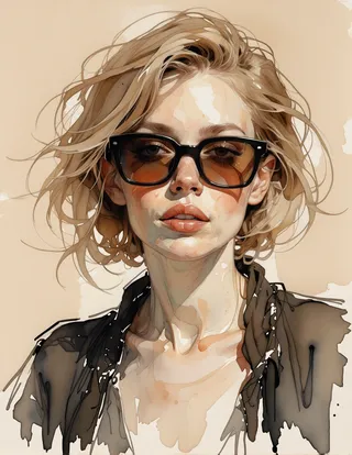 A watercolor portrait of a young blonde woman wearing large black-framed sunglasses reflecting amber tones, with tousled hair and a dark jacket over a beige background.