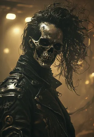 Close-up portrait of a cyberpunk skeleton assassin with long disheveled hair wearing a black biker leather jacket, illuminated by cinematic warm lighting and atmospheric haze.