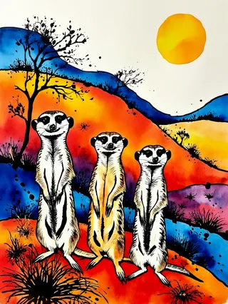 Three meerkats standing tall on a vibrant, colorful desert hillside under a golden sun, depicted in a colorful wet ink painting style.