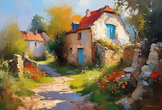 Oil painting of a Breton landscape featuring rustic cottages with blue doors, surrounded by flower gardens and sunlit pathways in a warm color palette.