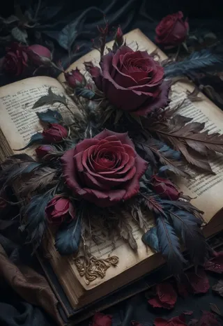 Dark ethereal scene featuring an open cursed book adorned with deep red roses and dark feathers, set against a night background with rich colors and intricate details.