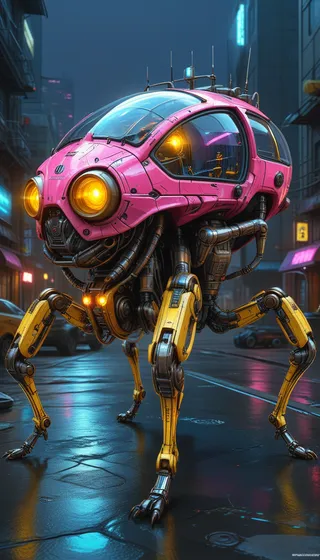 A pink and yellow multi-legged spider-like vehicle with glowing neon lights, standing in a dark cyberpunk city street at night, showcasing detailed mechanical parts and futuristic design.
