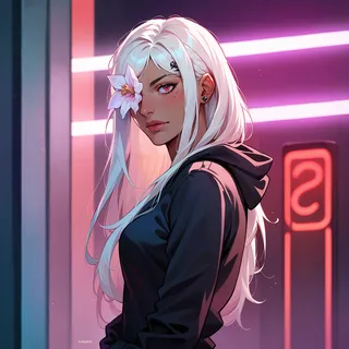Anime-style girl with long white hair wearing a black hoodie standing by neon purple and red lights, with a melancholic expression and pink eyes.