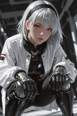 Close-up of a girl with silver hair and striking red eyes wearing a white jacket and advanced robotic gloves, sitting in a futuristic environment.