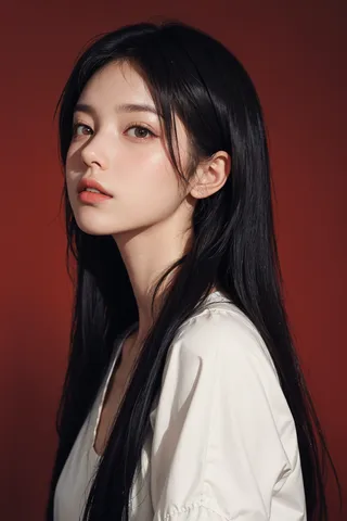 Portrait of a 20 year old woman with long black hair, natural skin texture, and soft light against a simple red background, in hyperrealistic style.