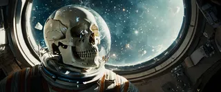 Skeleton astronaut floating inside a damaged space station, visible skull through cracked and broken transparent helmet glass with space debris outside.