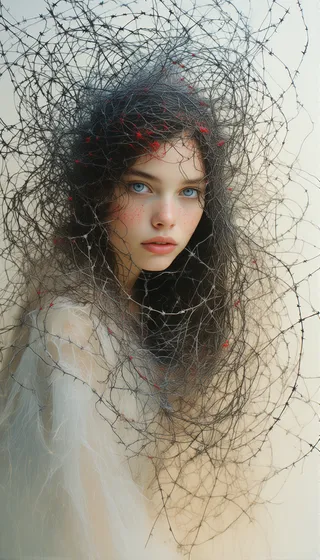 Portrait of a young woman with blue eyes entangled in delicate barbed wire, wearing ethereal fabric with soft pastel tones and a muted background.