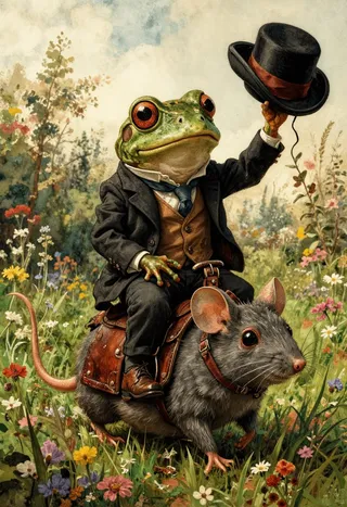 Whimsical frog wearing a tailored suit and holding a black top hat, riding a large grey mouse with a leather saddle in a colorful meadow with wildflowers