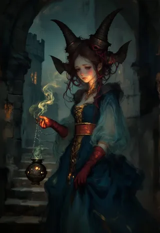 Portrait of Shiela de Tancarville, a sorceress with horned gothic headdress, wearing a dark blue dress, holding a glowing censer on a dim ancient stone staircase.