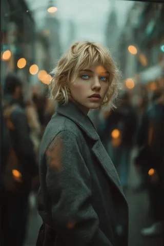 Portrait of a young blonde woman with blue eyes wearing a dark grey wool coat, surrounded by blurred city street lights and silhouettes, viewed through a reflective window with golden bokeh highlights.