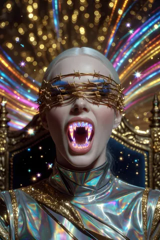 Close-up of a super model wearing a metallic outfit and golden barbed-wire covering her eyes, showing plasma-like glowing fangs, seated on an ornate throne with colorful bokeh effects.