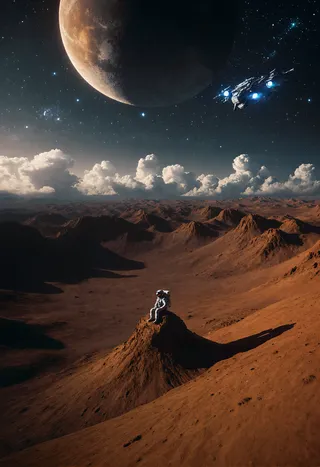 A photorealistic image of an astronaut sitting on a small mountain on a reddish Martian landscape with a large moon in the starry sky and an alien ship flying above dense clouds.