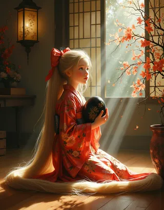 A young Rapunzel kneeling in a folk art style tatami room wearing an elegant red embroidered silk kimono, holding a black Easter egg with gold flowers, bathed in warm lantern and natural light.