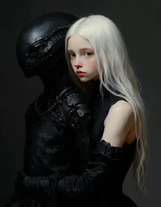 A pale-skinned young girl with long white hair in a futuristic black corseted dress hugging a biomechanical alien, with dramatic Rembrandt lighting and dark background.