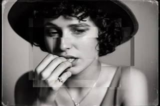 Black-and-white portrait of a woman with short curly hair wearing a wide-brimmed hat, biting her fingernail thoughtfully with fragmented cubist collage overlay and vintage film grain texture.