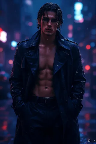 A handsome young man with wet medium-length black hair wearing a soaked dark blue trench coat, standing in a rainy neon-lit city street at night, looking melancholic with raindrops on his face and sharp dramatic lighting.