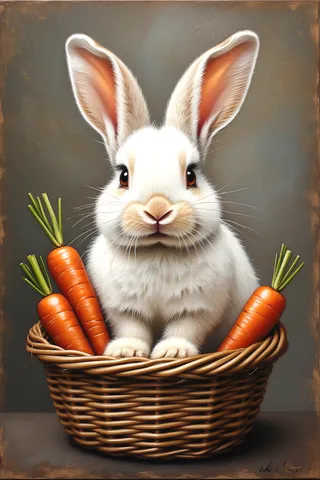 A tiny white rabbit with floppy ears sitting in a woven basket surrounded by fresh orange carrots, painted in soft pastel colors with detailed fluffy fur and gentle morning light.