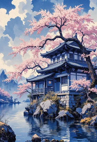 A detailed Asian house crafted in blue and white porcelain style with a surrounding Sakura garden in full bloom by a riverside, featuring soft pink cherry blossoms and distant mountainous landscape.