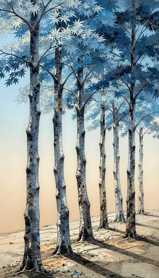 Seven Japanese maple trees arranged in a straight line with blue-green foliage and detailed black ink linework, set against a muted pastel gradient background with chiaroscuro lighting.