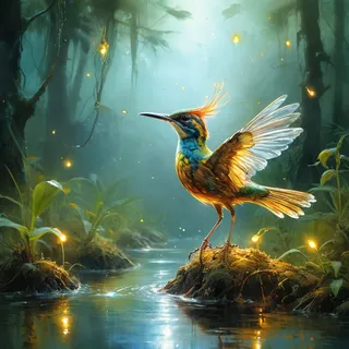A glowing glass bird with colorful feathers and translucent wings stands on a mossy rock in an enchanted forest pond surrounded by floating fireflies.