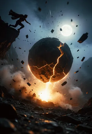 A massive planet-sized stone cracked with glowing lava impacts a rocky mountainous wasteland under bright moonlight, with debris floating and a dark figure clinging to a ledge nearby.
