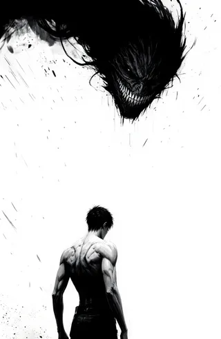 Black and white manga-style illustration showing a muscular, shirtless male figure from behind with spiky hair, and a massive demonic form with sharp teeth emerging violently from above his head.
