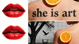 A surreal collage featuring glossy red lips, a tattoo reading 'she is art' on skin, a bare tree silhouette with a flying bird, and a person's back with orange slices and juice.