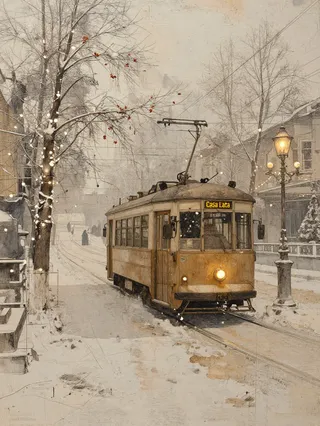 Old-world tram glowing amber headlights travels a snow-covered street lined with bare festive trees and vintage lampposts under delicate trolley wires, rendered in impressionist tones.