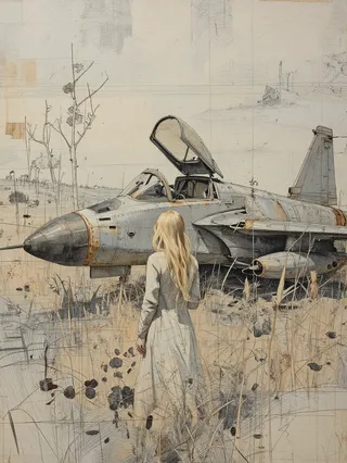 A blonde woman in a long dress stands in an overgrown field facing an abandoned, rusted F-15 Eagle fighter jet with its cockpit open under a pale sepia sky, drawn in a cinematic ink sketch style.