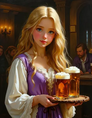 Close-up oil painting of a medieval pub waitress with long blonde hair wearing traditional attire, holding a wooden tray with two frothy mugs of ale inside a dimly lit pub.
