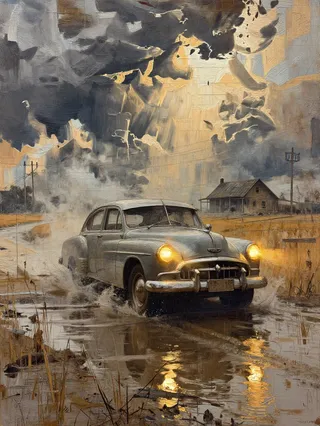 A vintage sedan with glowing headlights driving through a rain-slicked rural road under an apocalyptic cloudy sky, reflections shimmering on wet ground.