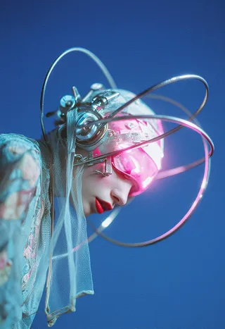Surreal profile portrait of a woman with thin metallic rings orbiting her head, illuminated by neon pink and soft cyan lights, vivid red lips, against an ultramarine background.