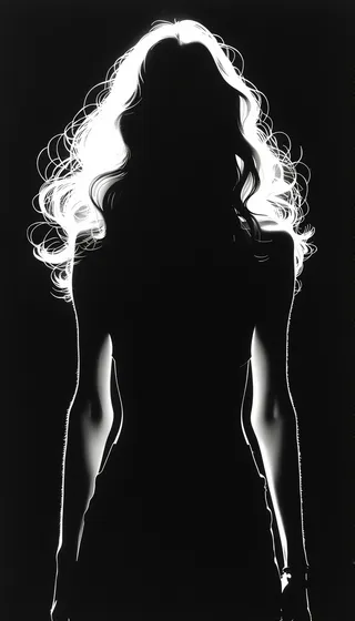 Monochrome silhouette of a woman with long wavy hair, lit from behind creating strong chiaroscuro contrast against a black background.