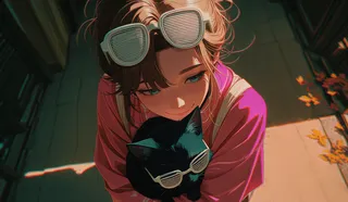 A girl with brown hair and blonde highlights wearing white shutter shades on her head hugs a black cat with white sunglasses in a pink kimono during nighttime with autumn leaves around.