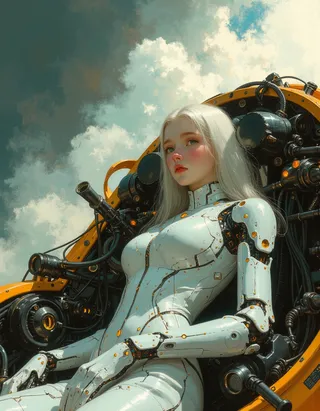 Hyper-detailed digital painting of a teen android girl with white hair and green eyes, wearing a sleek futuristic suit inside a cyberpunk machine under diffused sunlight.
