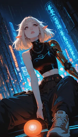 A cyberpunk elf girl with platinum blonde hair and brown eyes, sitting on neon-lit metal scaffolding in a rainy futuristic city at night, wearing a black tech crop top, tactical cargo pants, white high-tech sneakers, and a cybernetic right arm while holding a futuristic submachine gun.