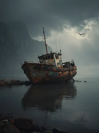 An abandoned, graffiti-covered fishing boat with a rusty hull rests half-buried on a rocky shore under a gloomy, misty sky with mountains in the background and a bird flying overhead.