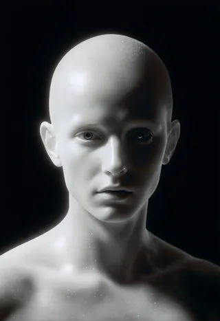 A photorealistic avant-garde portrait of a bald human figure rendered with 3D ray tracing, featuring dramatic cinematic lighting and a black background.