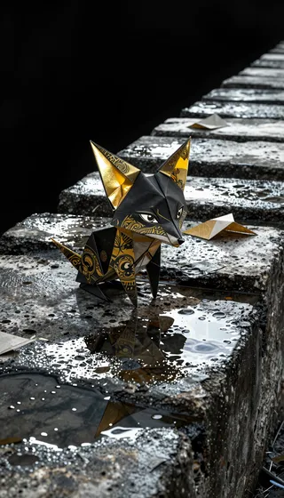 Photorealistic origami fox with black and gold tattoo patterns sitting on weathered, wet concrete steps with reflective puddles and blurred background steps.