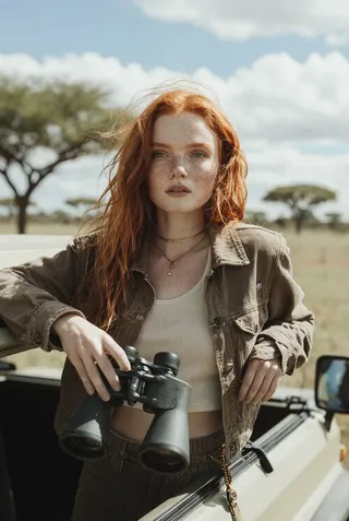 Young woman with vibrant red hair and freckles holding binoculars, standing in an open-top safari vehicle with a sunny savanna background under a blue sky with clouds.