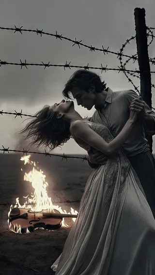 A man and woman in a romantic embrace in front of a barbed wire fence, with a burning violin and a dark, cloudy sky creating a somber mood.