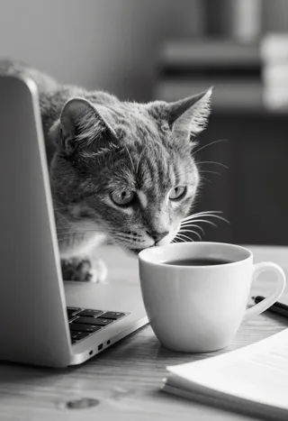 Black and white close-up photo of a curious cat sniffing a white coffee mug beside a laptop keyboard on a wooden desk with soft, cozy lighting.