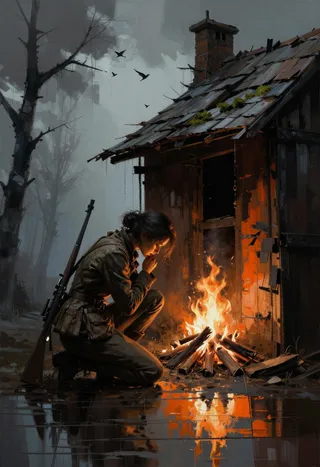 A female soldier kneeling by a crackling campfire outside a decaying wooden shack at twilight, surrounded by skeletal trees and wet mud reflecting the firelight.