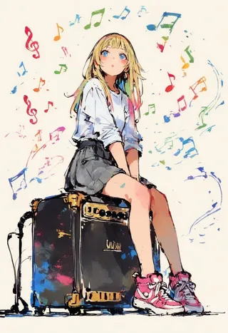 A watercolor and pencil outline illustration of a blonde girl with blue eyes, wearing a white shirt, grey skirt, and pink sneakers, sitting amused on a black amplifier surrounded by colorful music notes on a simple background.