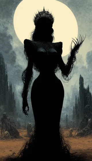 Dark silhouette of a crowned woman with thorn-like nails standing against a bright full moon in a surreal dystopian landscape with post-apocalyptic ruins and skeletal remains.
