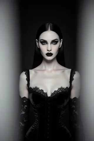 Portrait of a gothic enchantress with porcelain skin and dark makeup, wearing a black velvet corset and lace gloves against a minimalist charcoal background.